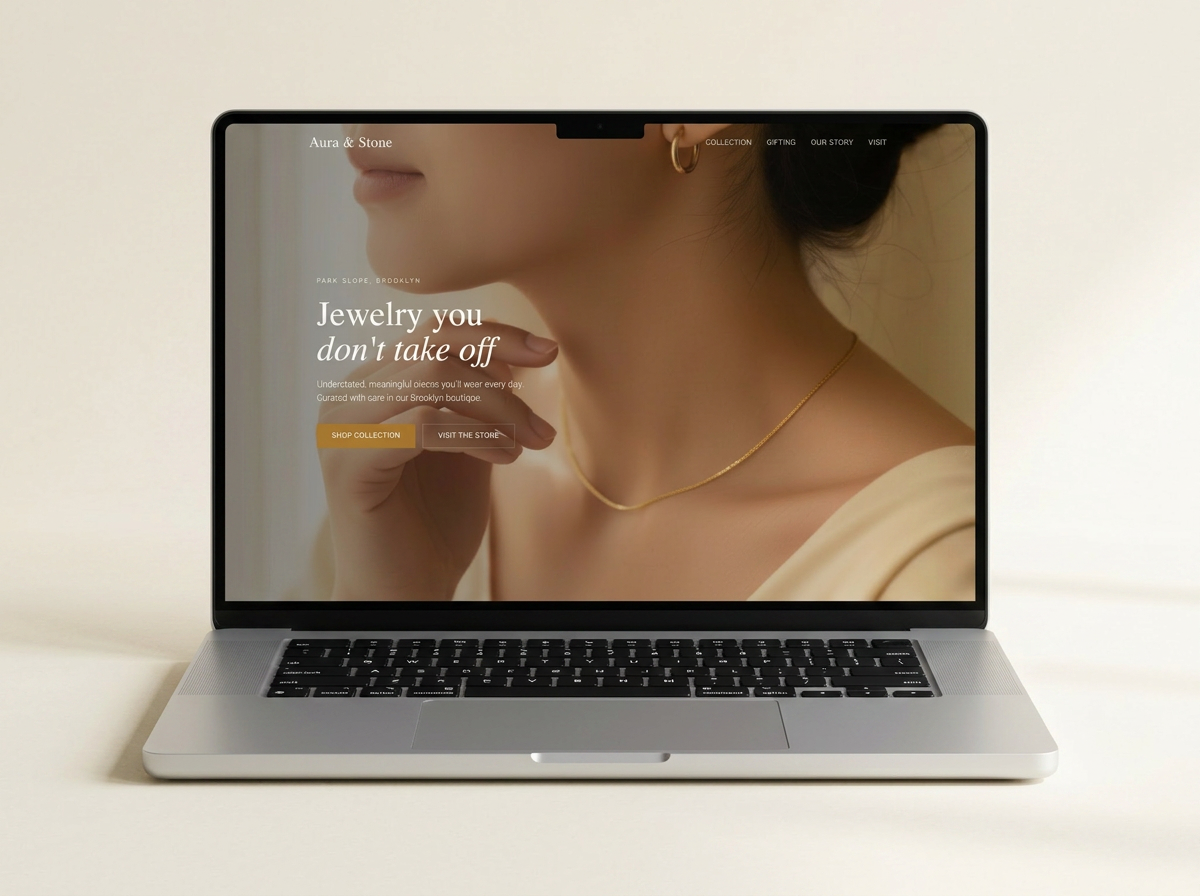 Modern jewelry boutique website design with elegant serif typography over warm portrait photography