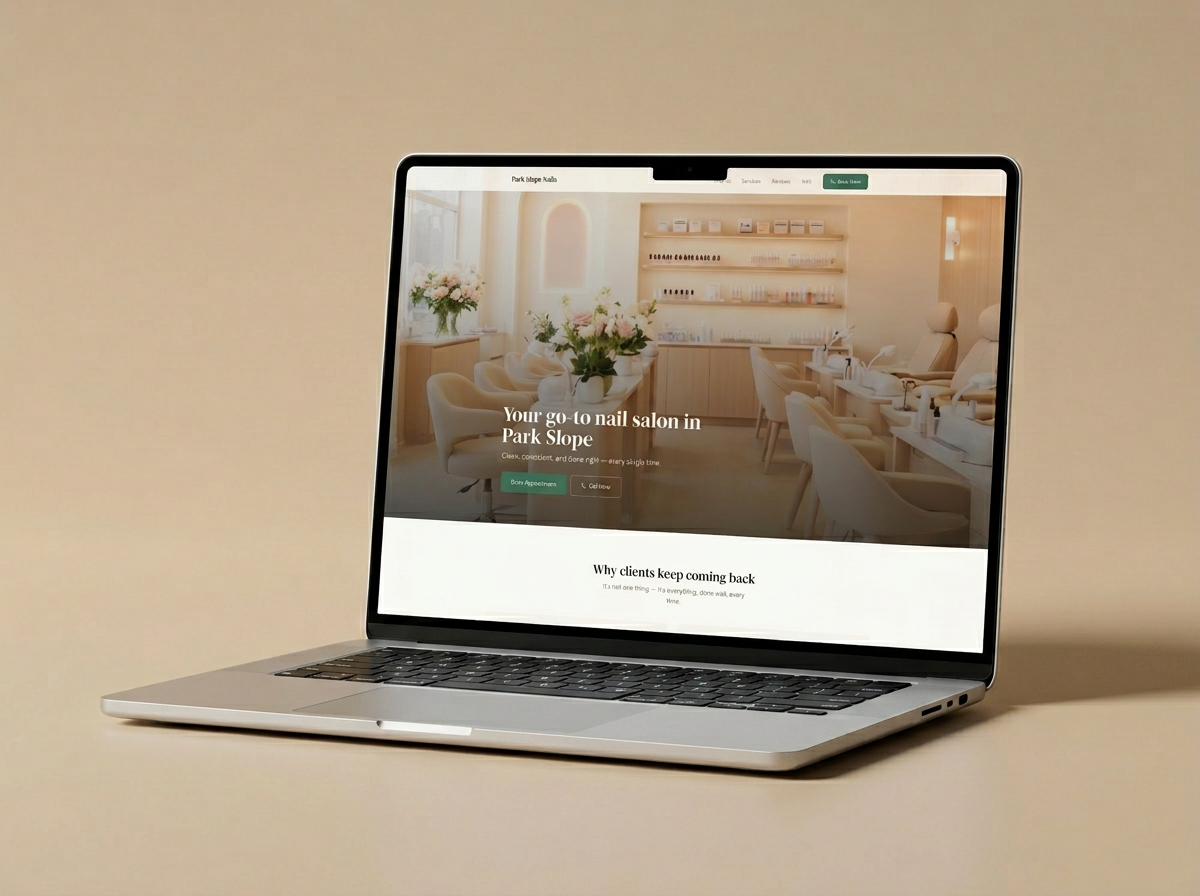 Modern nail salon website design with elegant serif headline and booking buttons