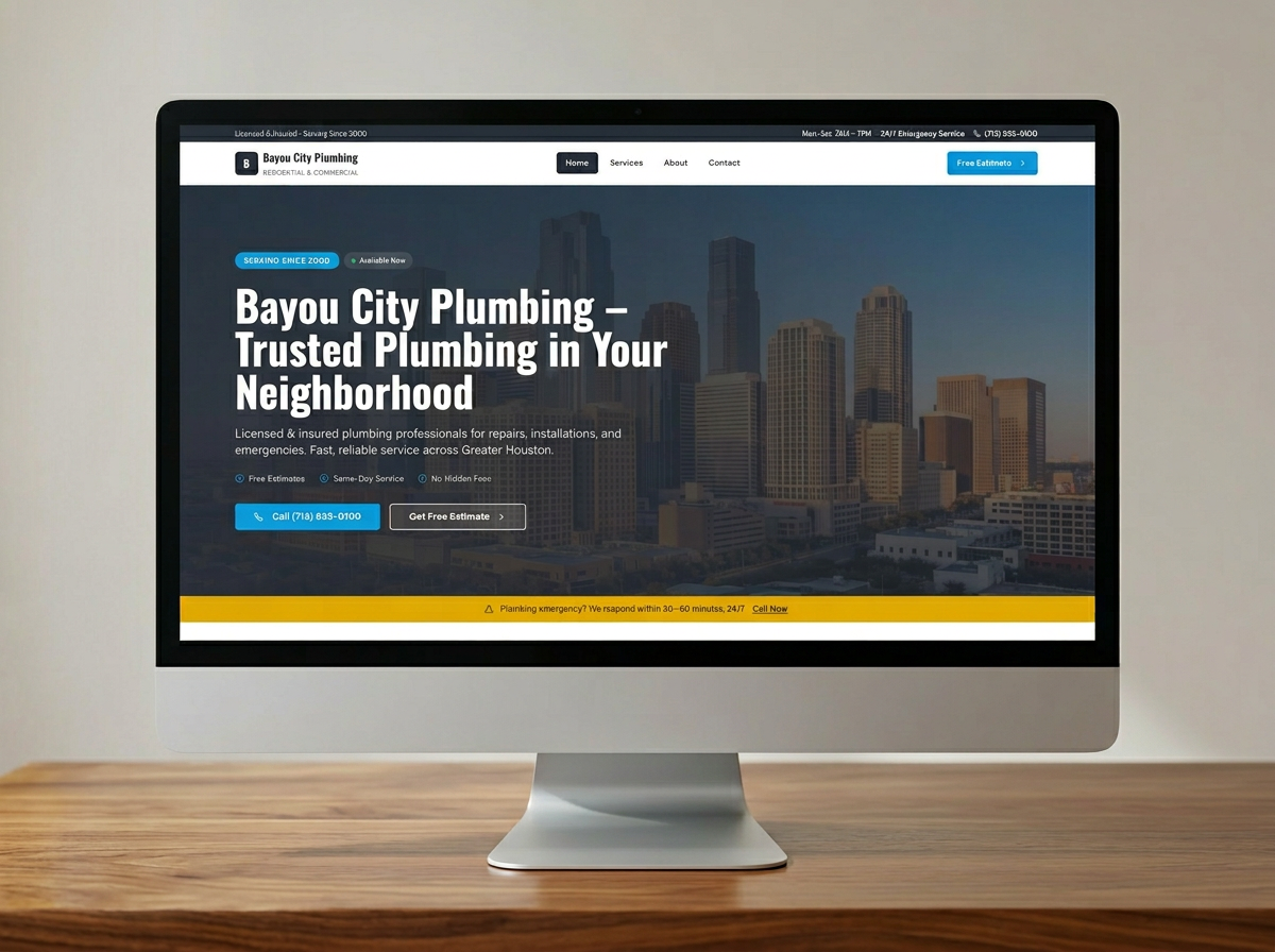 Modern plumbing company website design displayed on a desktop monitor
