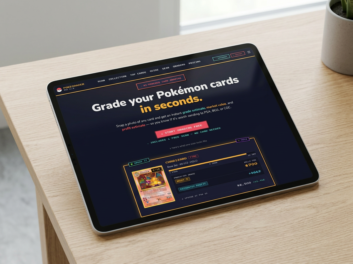 PokéGrader Pro web app with pixel-art typography showing an AI Pokémon card grading result for Charizard