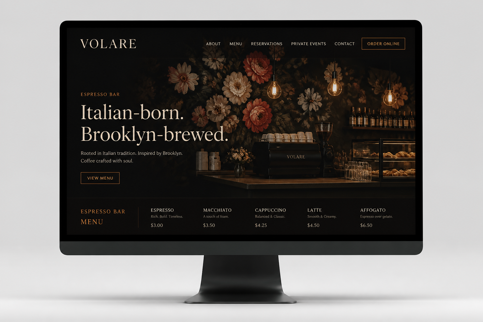 Volare Espresso Bar website design with dark floral mural hero and elegant serif typography